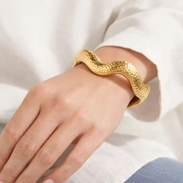 Gold_Plated_Brass_Hammered_Finish_Wavy_Sculptural_Bangle_Bracelet_For_Women